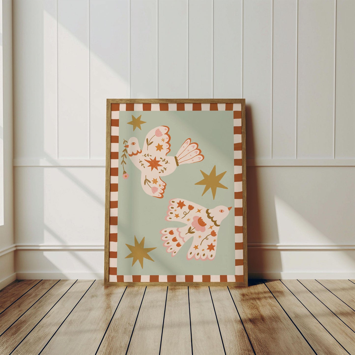 Folk Art Dove Print – Celestial Floral Birds, Nursery Decor, Children's Room