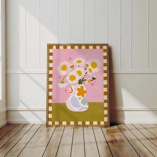 Daisy Vase Art Print | April Birth Flower, Botanical Wall Decor