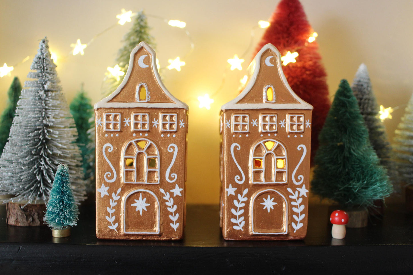 Hand Painted Ceramic Gingerbread House Tea Light Holder - Copper Star Cottagecore Decor
