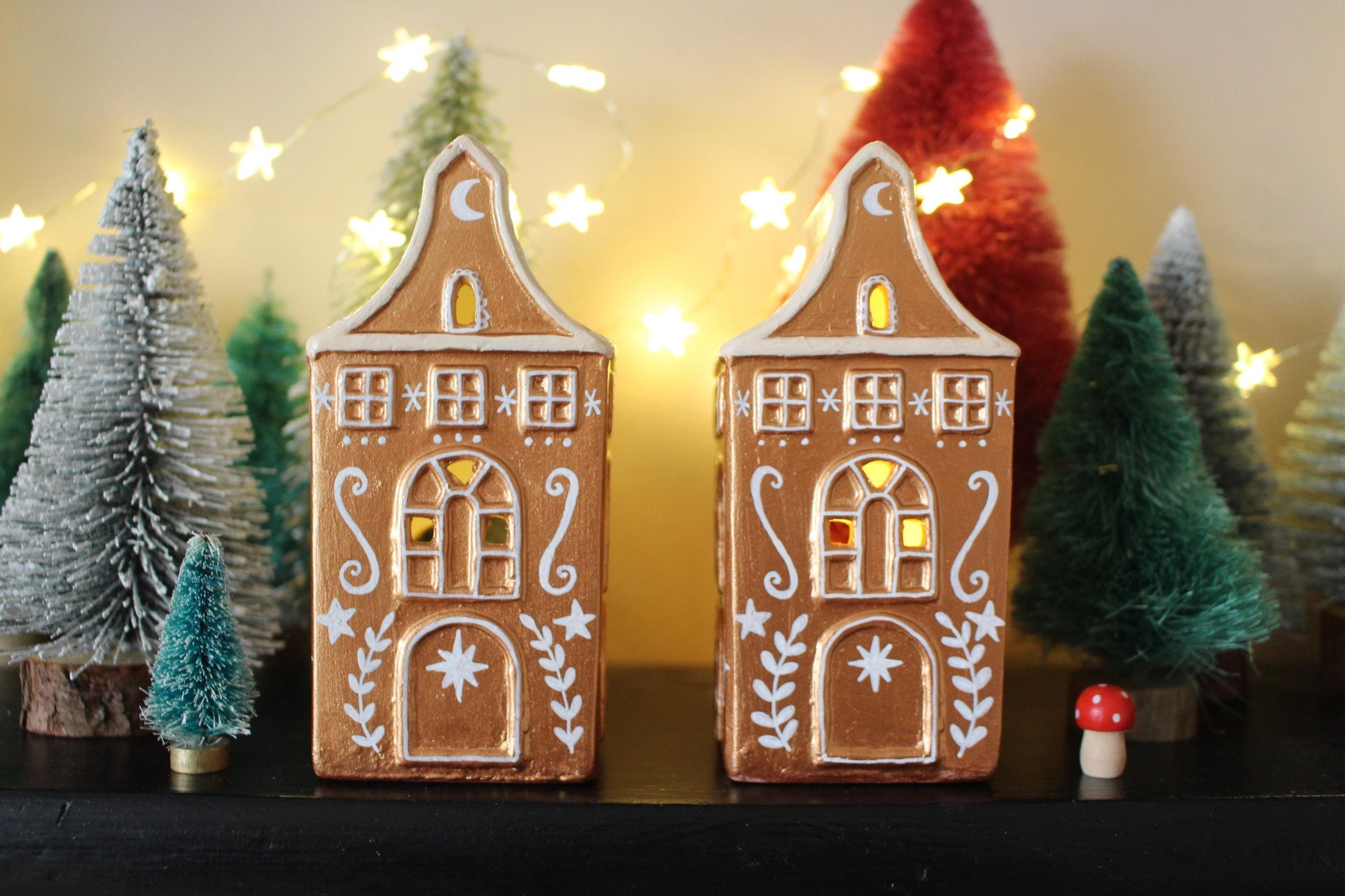 Hand Painted Ceramic Gingerbread House Tea Light Holder - Copper Star Cottagecore Decor