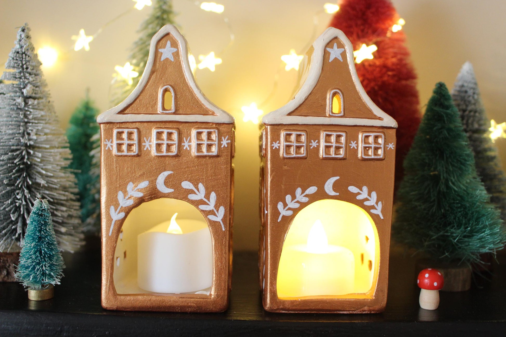 Hand Painted Ceramic Gingerbread House Tea Light Holder - Copper Star Cottagecore Decor
