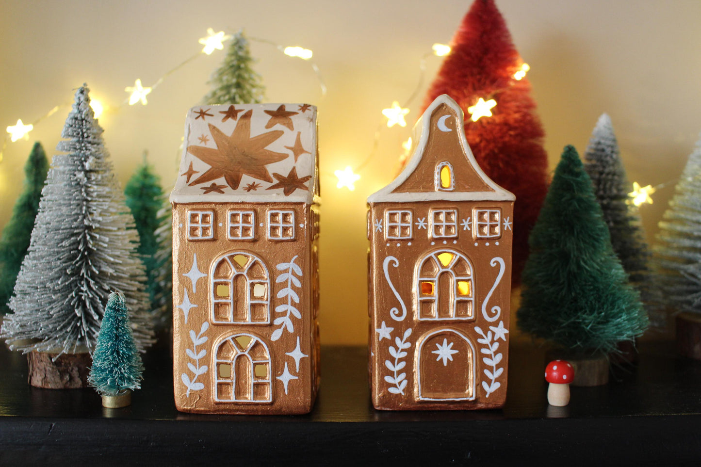 Hand Painted Ceramic Gingerbread House Tea Light Holder - Copper Star Cottagecore Decor