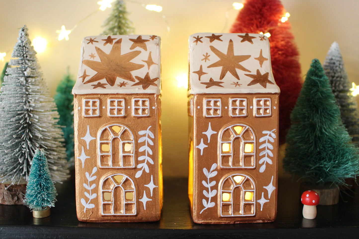 Hand Painted Ceramic Gingerbread House Tea Light Holder - Copper Star Cottagecore Decor