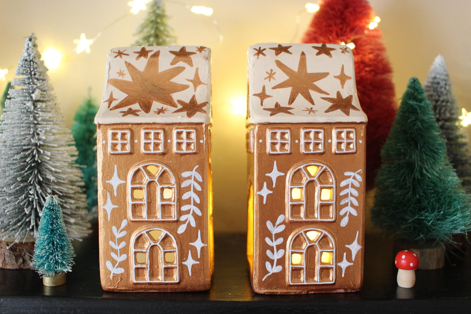Hand Painted Ceramic Gingerbread House Tea Light Holder - Copper Star Cottagecore Decor