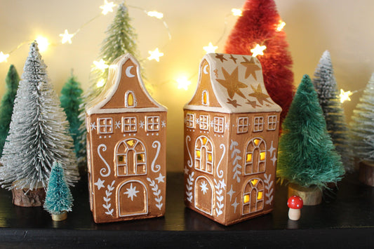 Hand Painted Ceramic Gingerbread House Tea Light Holder - Copper Star Cottagecore Decor