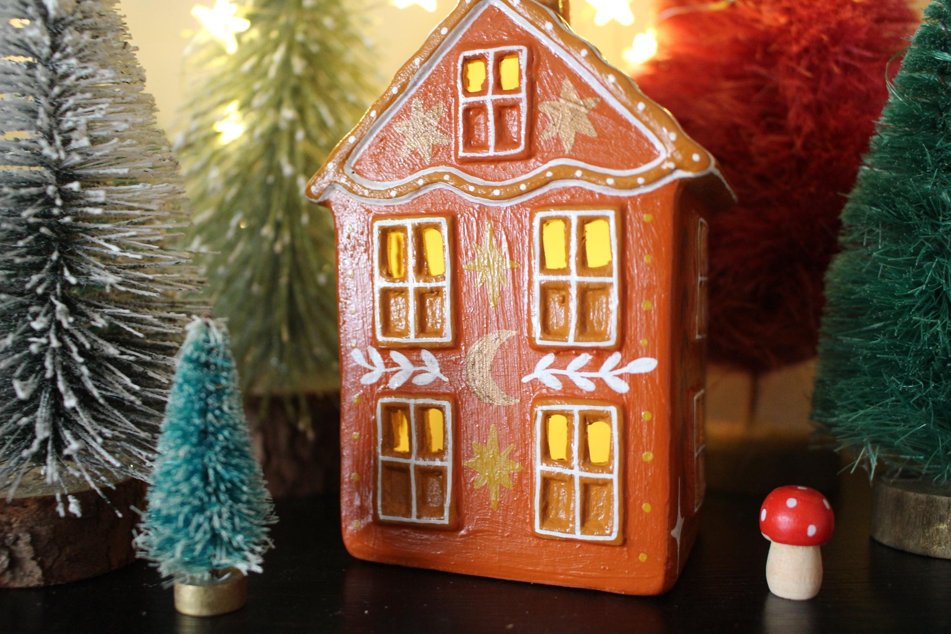 Hand Painted Ceramic Christmas Tea Light House – Celestial Folk Art