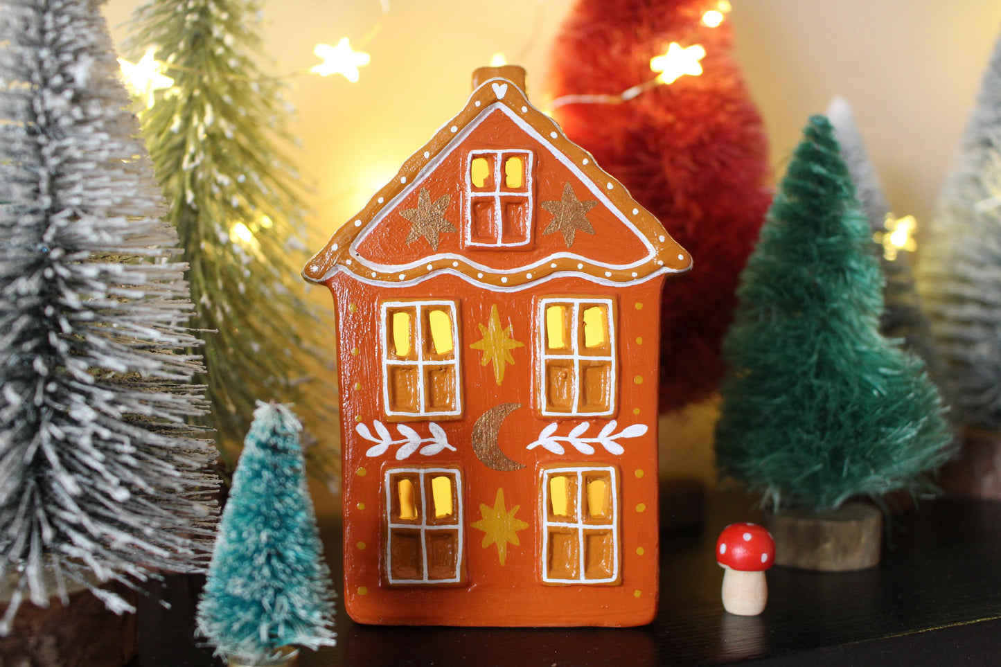 Hand Painted Ceramic Christmas Tea Light House – Celestial Folk Art