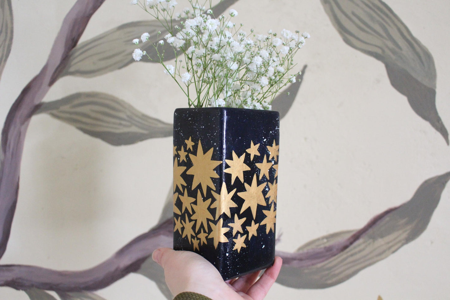 Stars Ceramic Hand Painted Vase - Celestial, Christmas, Stars, Cottagecore,