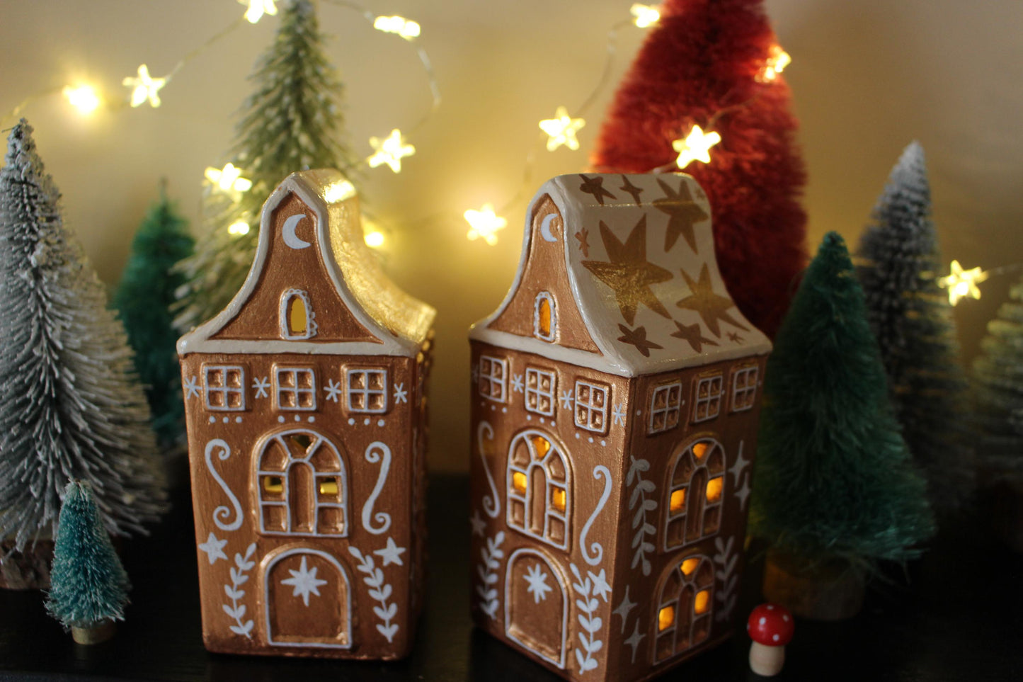 Hand Painted Ceramic Gingerbread House Tea Light Holder - Copper Star Cottagecore Decor