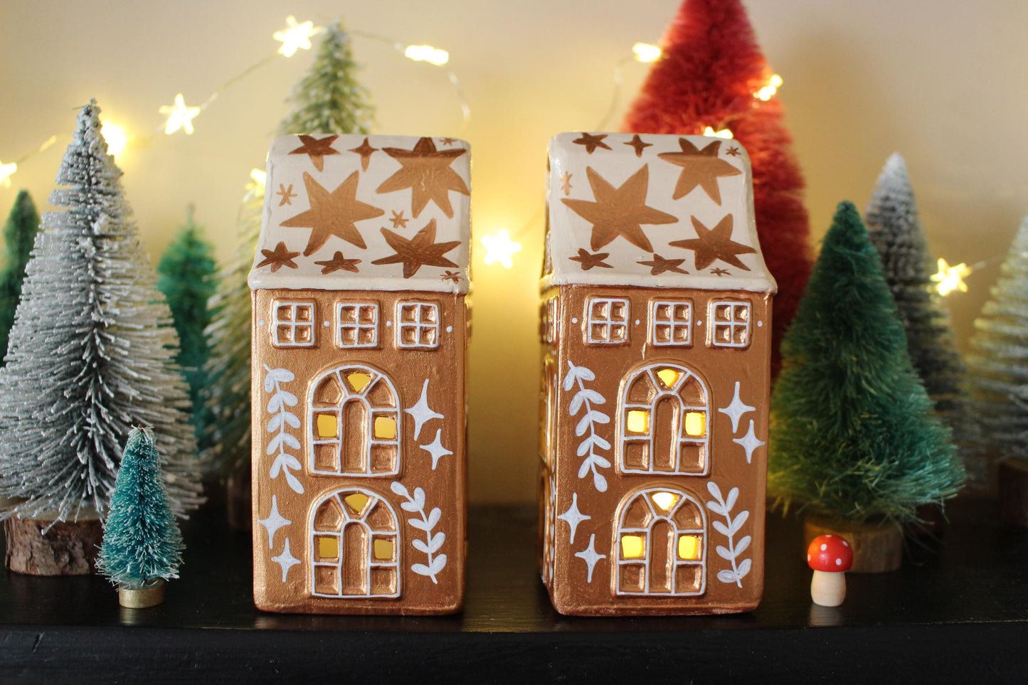 Hand Painted Ceramic Gingerbread House Tea Light Holder - Copper Star Cottagecore Decor