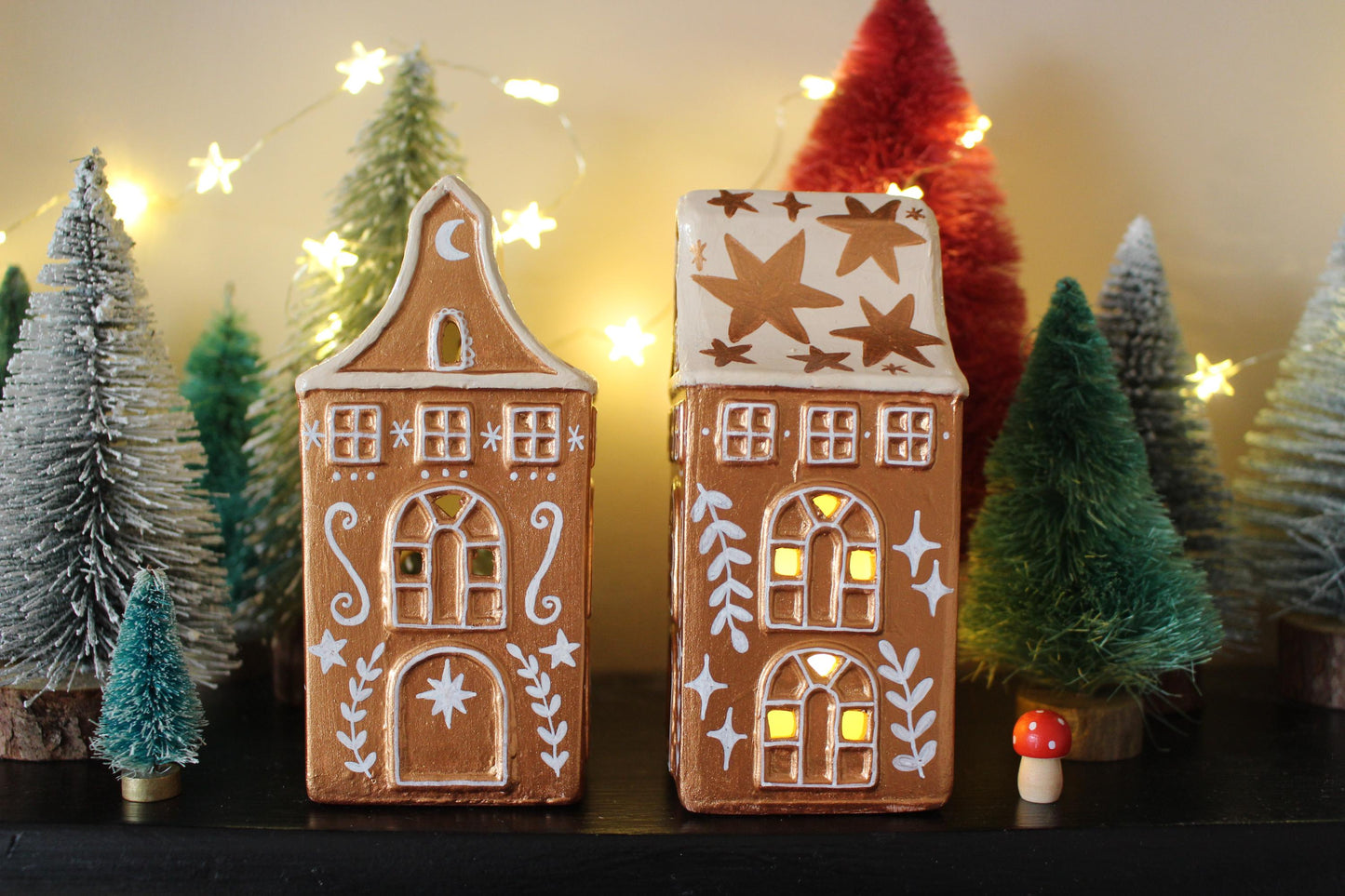 Hand Painted Ceramic Gingerbread House Tea Light Holder - Copper Star Cottagecore Decor