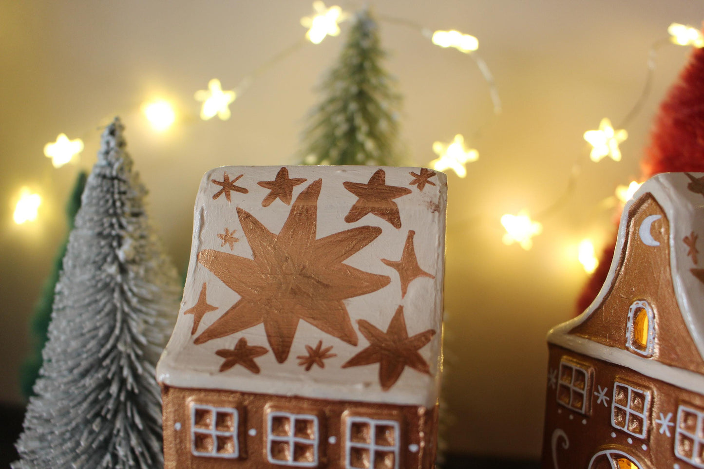 Hand Painted Ceramic Gingerbread House Tea Light Holder - Copper Star Cottagecore Decor