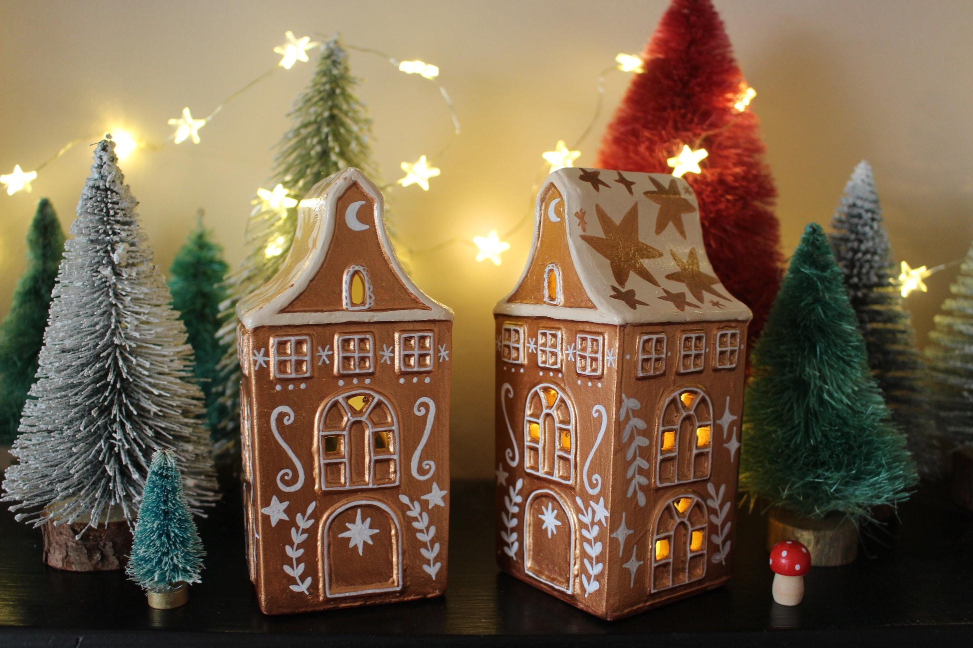 Hand Painted Ceramic Gingerbread House Tea Light Holder - Copper Star Cottagecore Decor