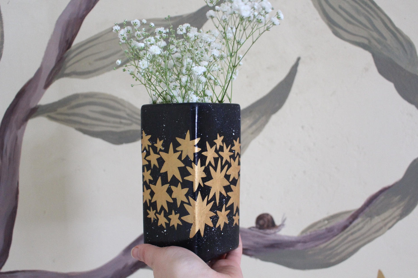 Stars Ceramic Hand Painted Vase - Celestial, Christmas, Stars, Cottagecore,
