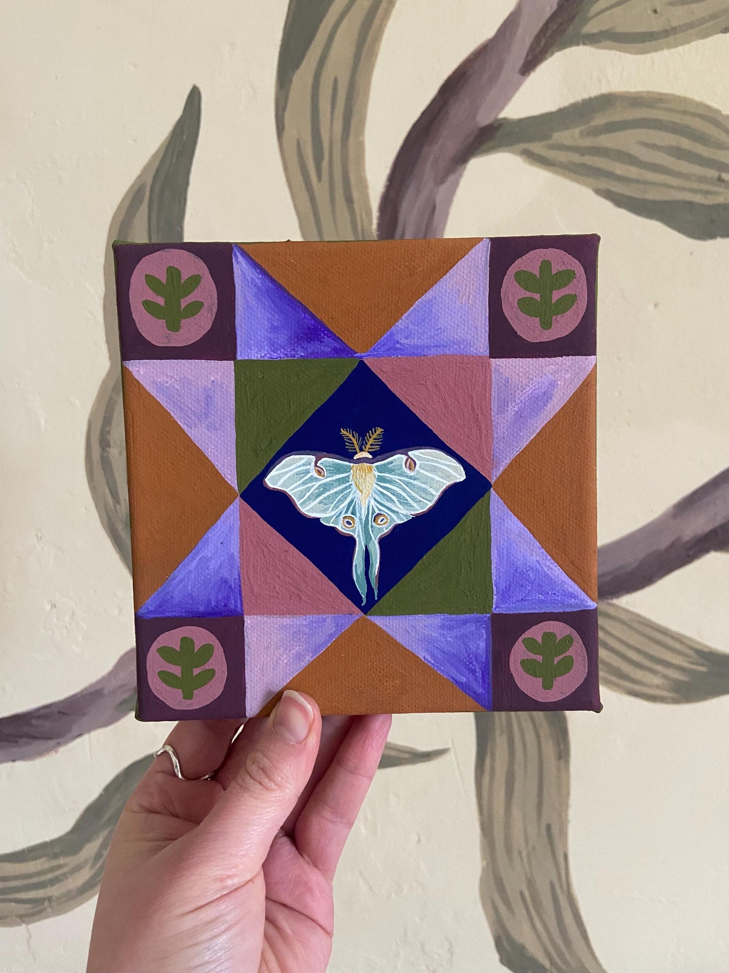 Luna Moth Quilt Star Canvas Painting - Original, Patchwork, Sawtooth, Cottagecore, Whimsical, Cosy Decor