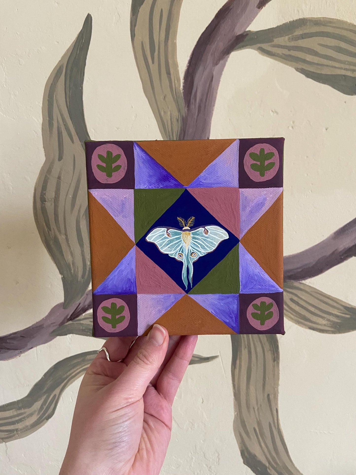 Luna Moth Quilt Star Canvas Painting - Original, Patchwork, Sawtooth, Cottagecore, Whimsical, Cosy Decor