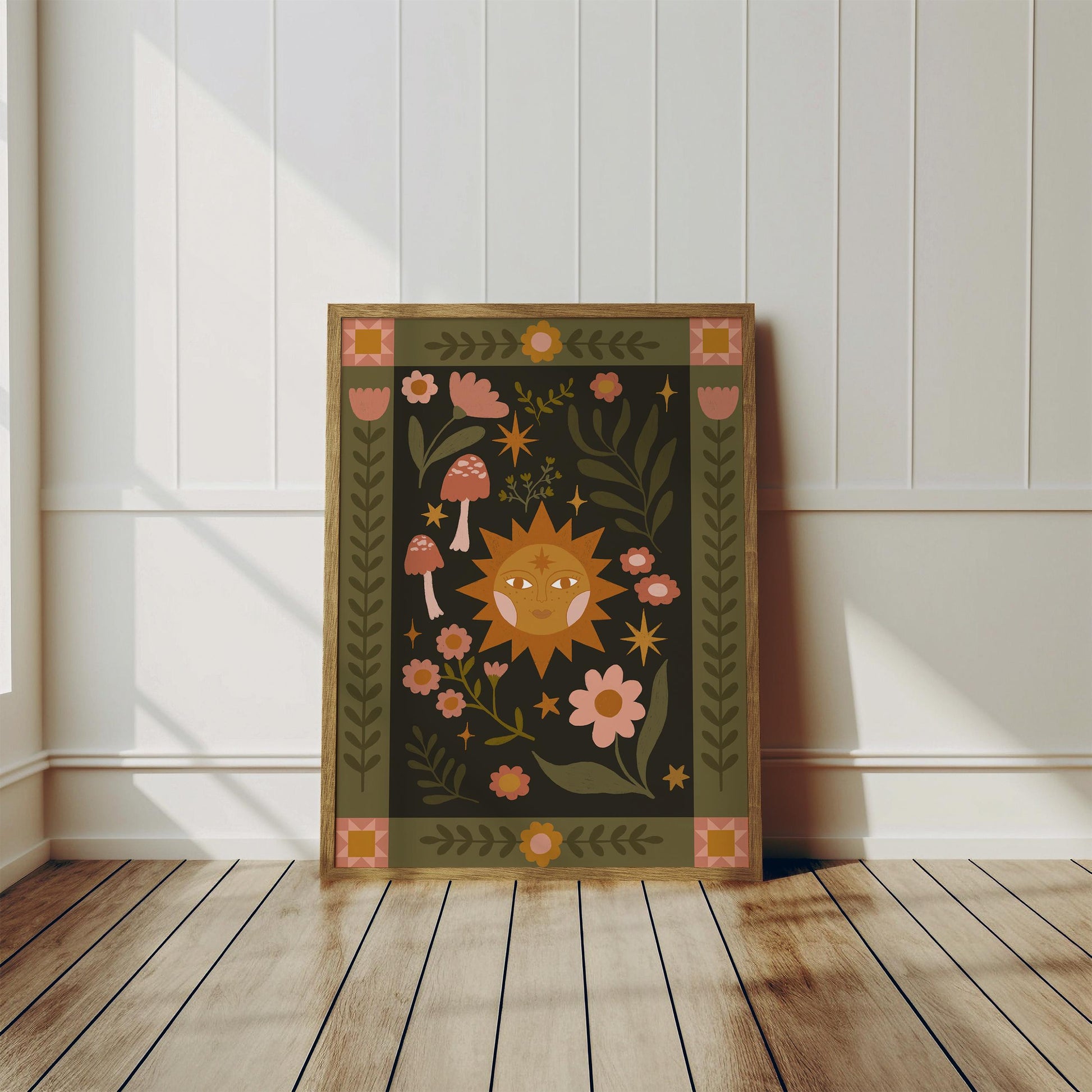 Folk Art Celestial Sun Print - Quilt, Patchwork, Floral