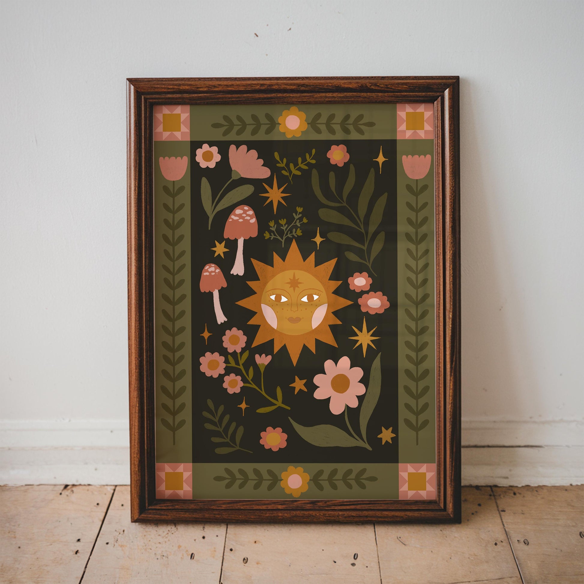 Folk Art Celestial Sun Print - Quilt, Patchwork, Floral