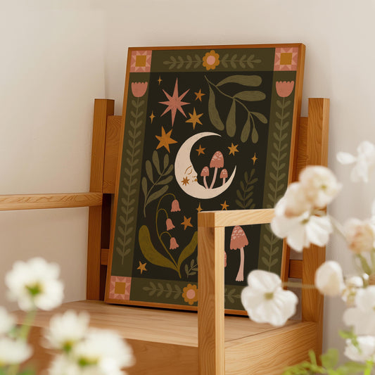 Folk Art Celestial Moon Print - Quilt, Patchwork, Floral