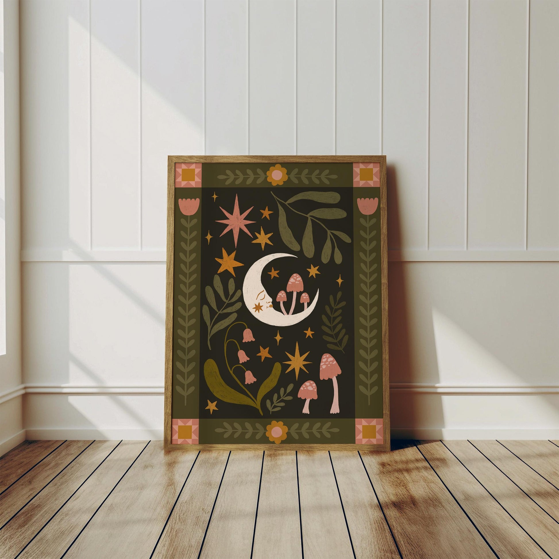 Folk Art Celestial Moon Print - Quilt, Patchwork, Floral