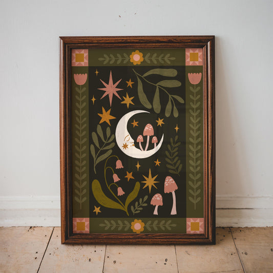 Folk Art Celestial Moon Print - Quilt, Patchwork, Floral