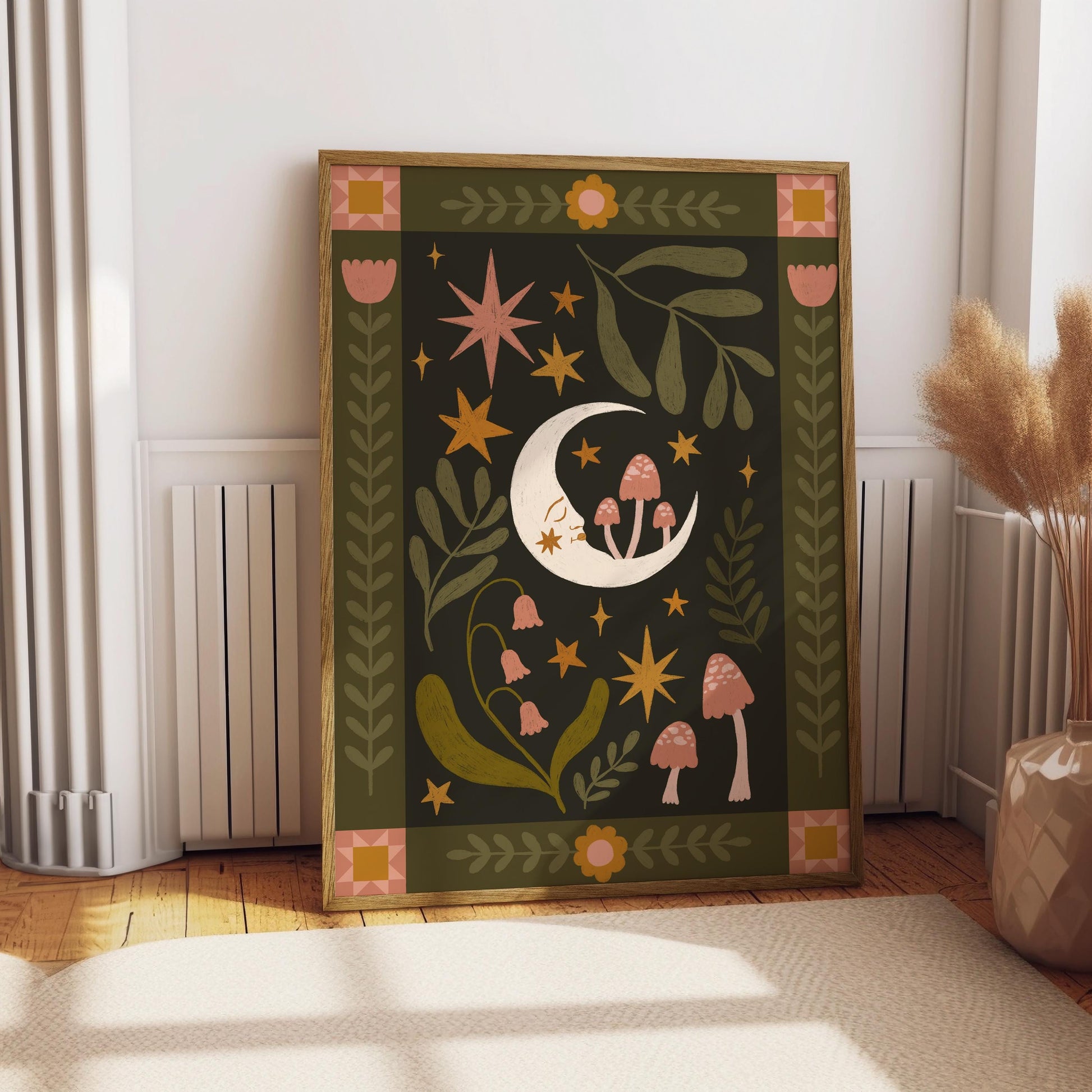 Folk Art Celestial Moon Print - Quilt, Patchwork, Floral