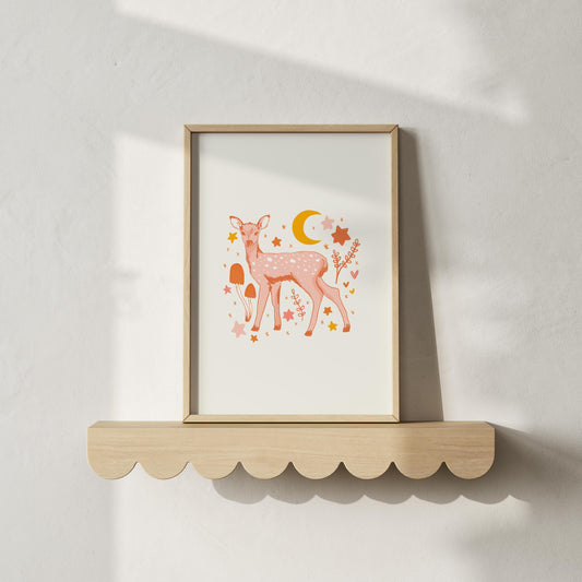 Deer Fawn Wall Art Print - Nursery Kids Decor, Boho Decoration, Whimsical Nature Art