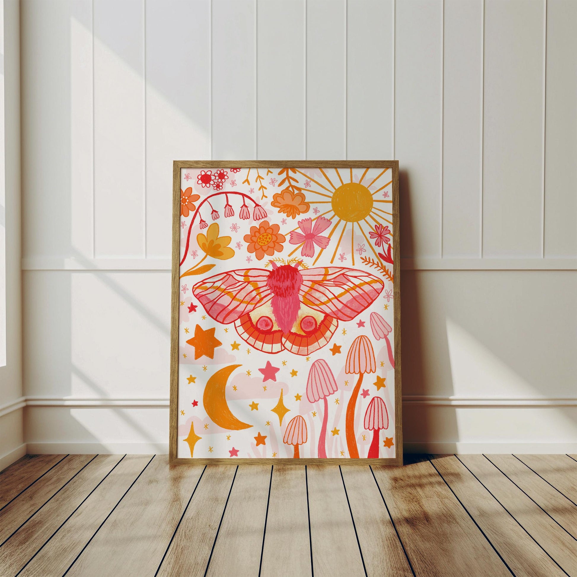 Whimsical Moth Floral Wall Art Print - A5 or A4 -