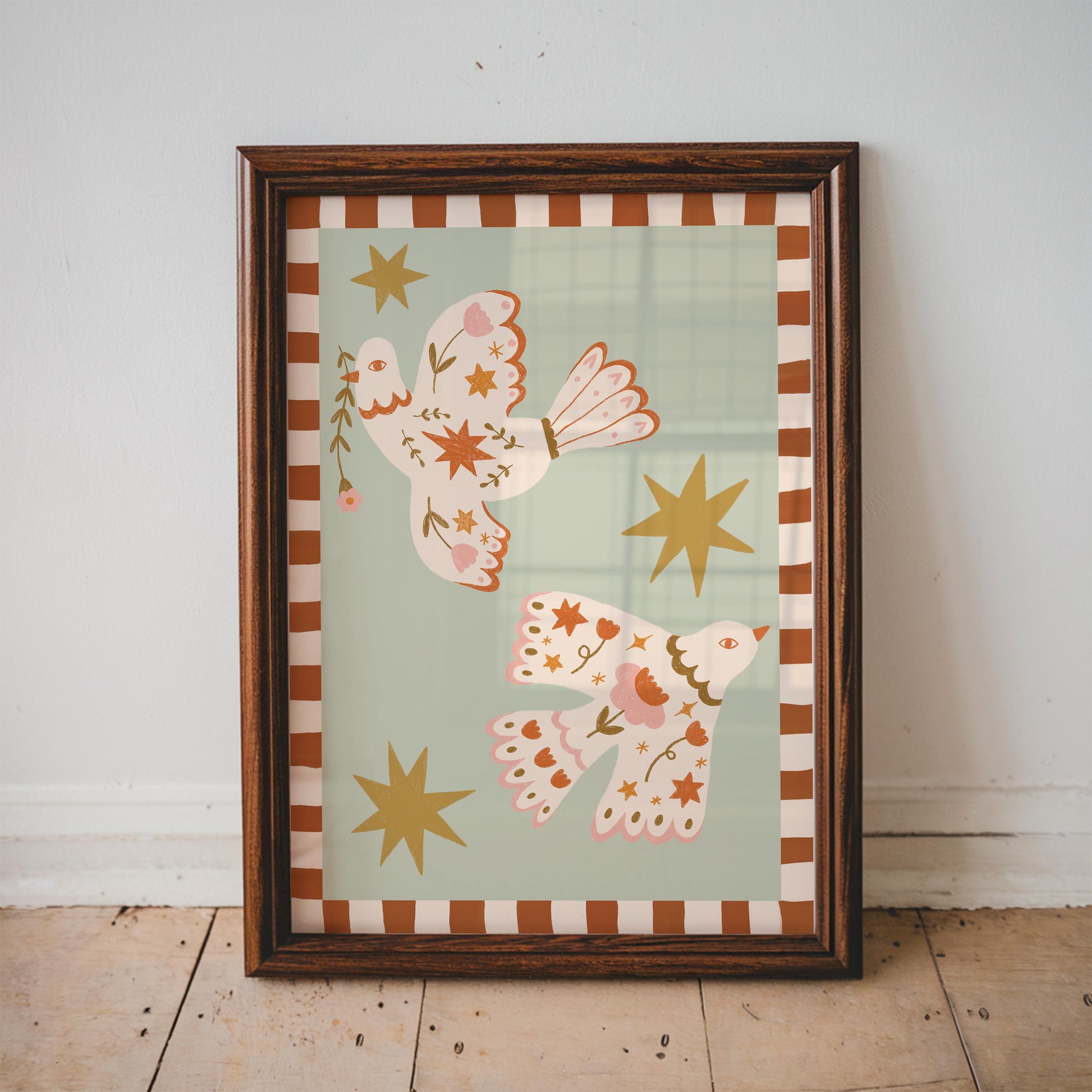 Set of 3 Folk Floral Kids Wall Art Prints – Personalised Name, Initial, Bird (A4)