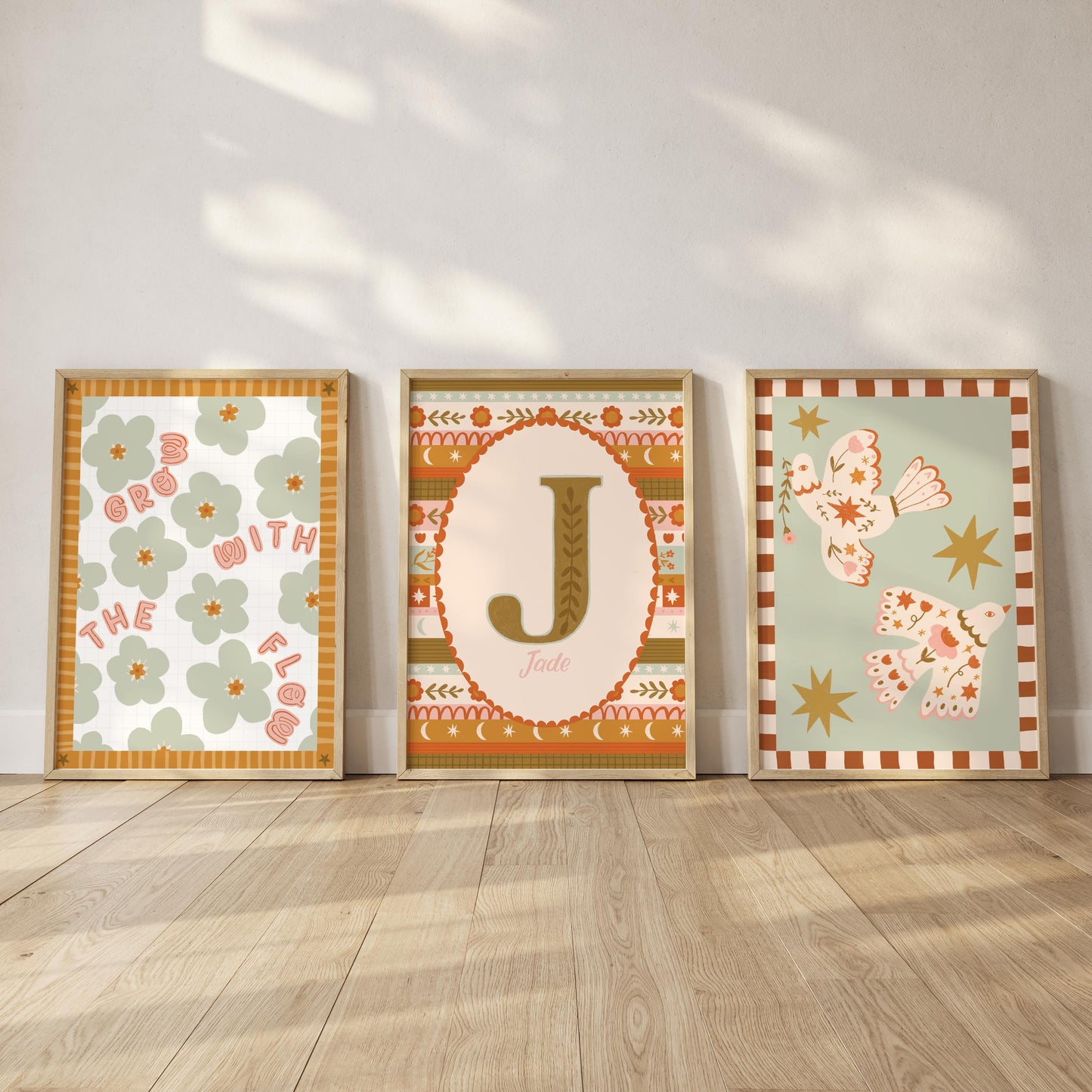 Set of 3 Folk Floral Kids Wall Art Prints – Personalised Name, Initial, Bird (A4)