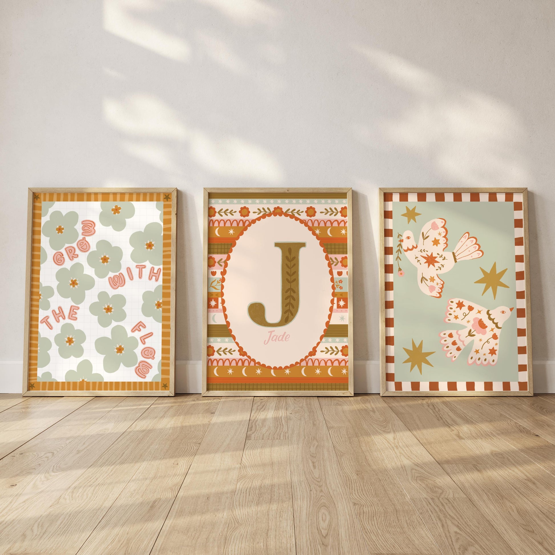 Set of 3 Folk Floral Kids Wall Art Prints – Personalised Name, Initial, Bird (A4)