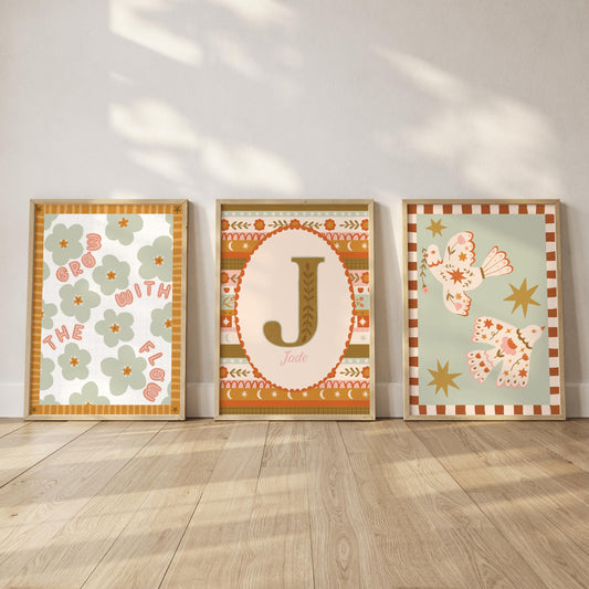 Set of 3 Folk Floral Kids Wall Art Prints – Personalised Name, Initial, Bird (A4)