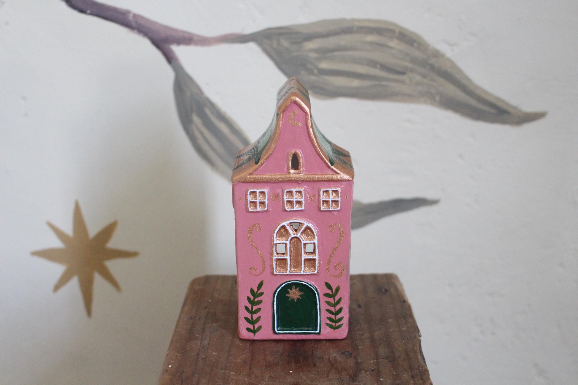 Hand Painted Ceramic Quilt Star House Ornament - Tea light holder, cottagecore, folk art, patchwork - green and pink decor