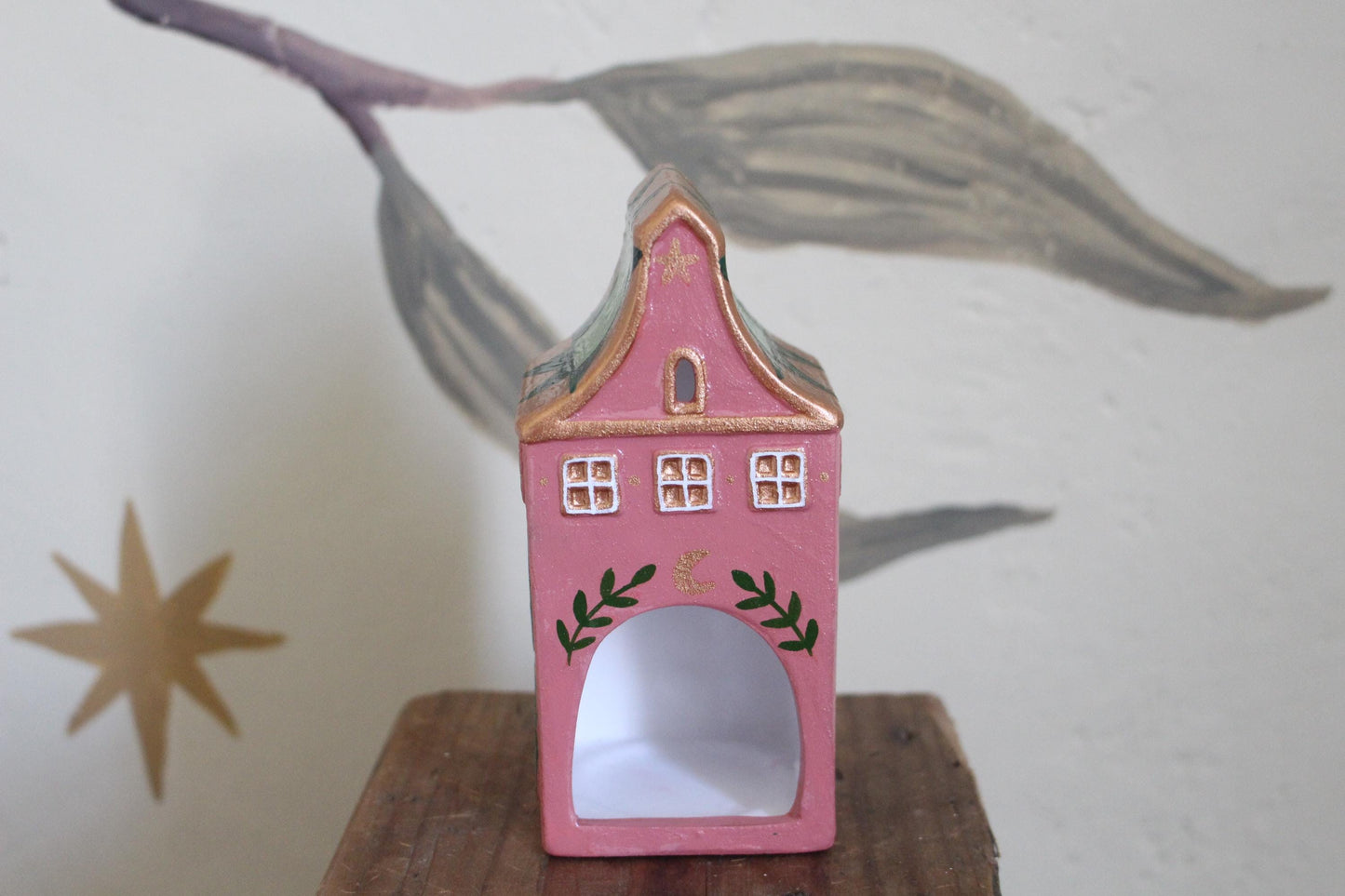 Hand Painted Ceramic Quilt Star House Ornament - Tea light holder, cottagecore, folk art, patchwork - green and pink decor