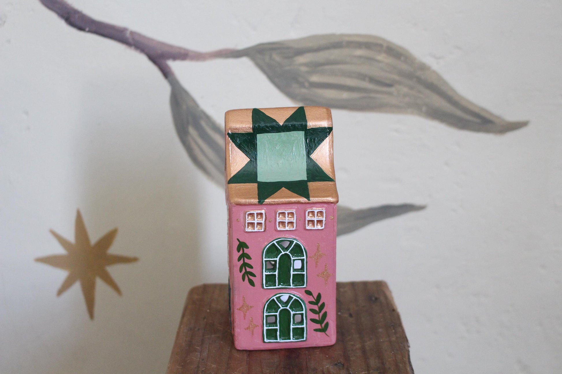 Hand Painted Ceramic Quilt Star House Ornament - Tea light holder, cottagecore, folk art, patchwork - green and pink decor