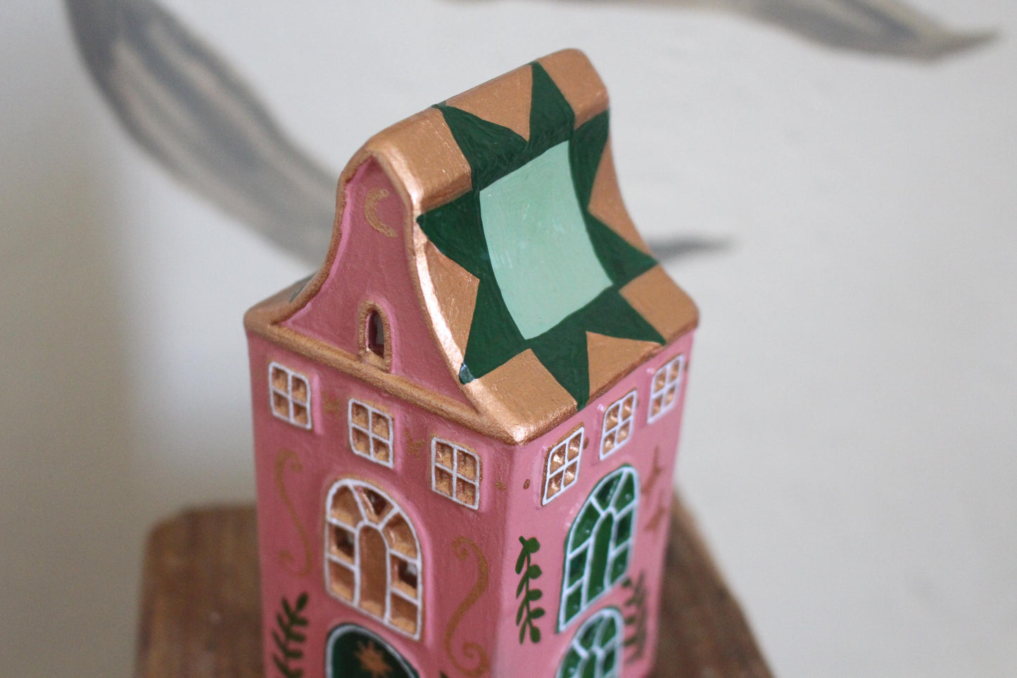 Hand Painted Ceramic Quilt Star House Ornament - Tea light holder, cottagecore, folk art, patchwork - green and pink decor