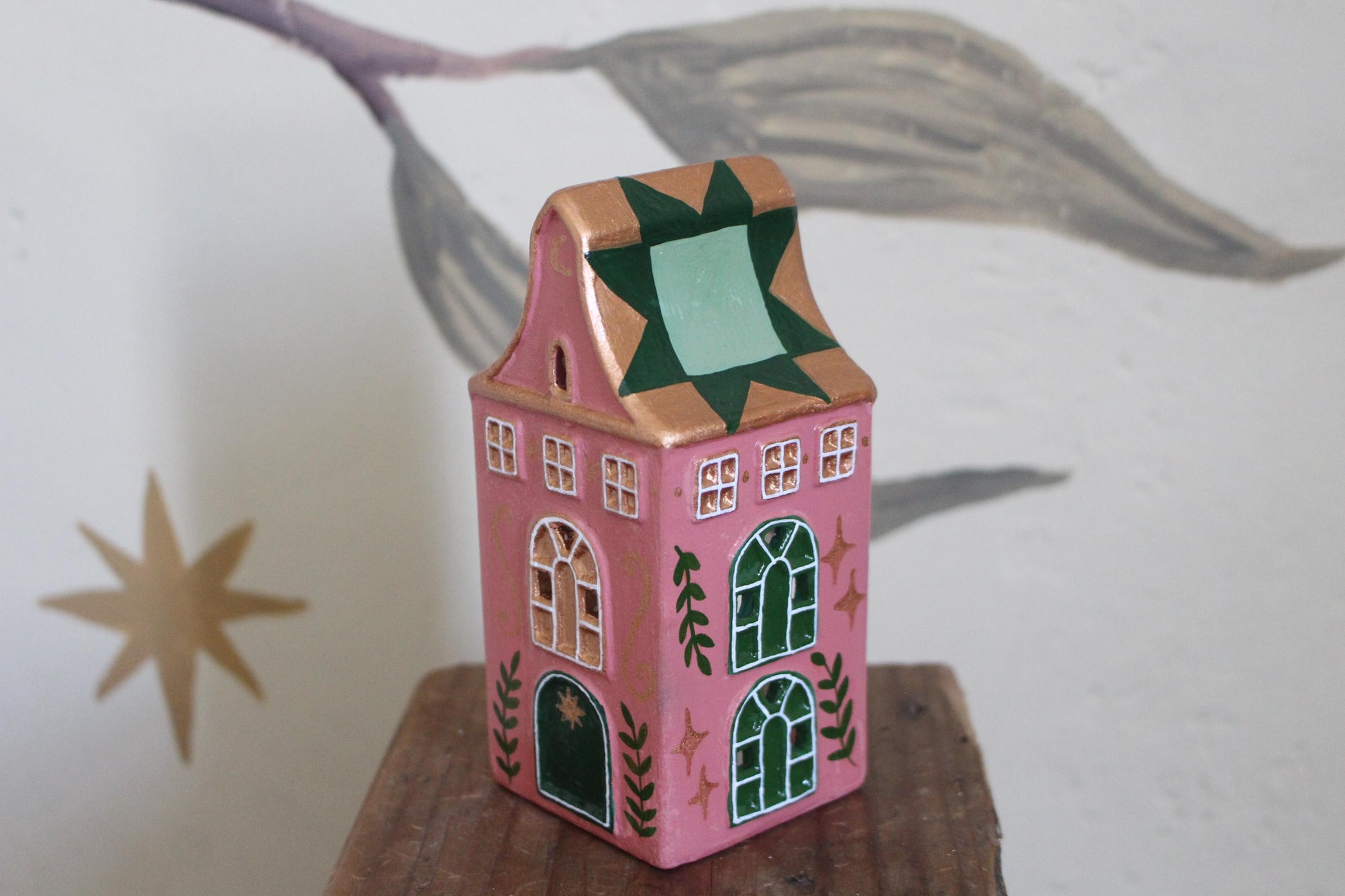 Hand Painted Ceramic Quilt Star House Ornament - Tea light holder, cottagecore, folk art, patchwork - green and pink decor