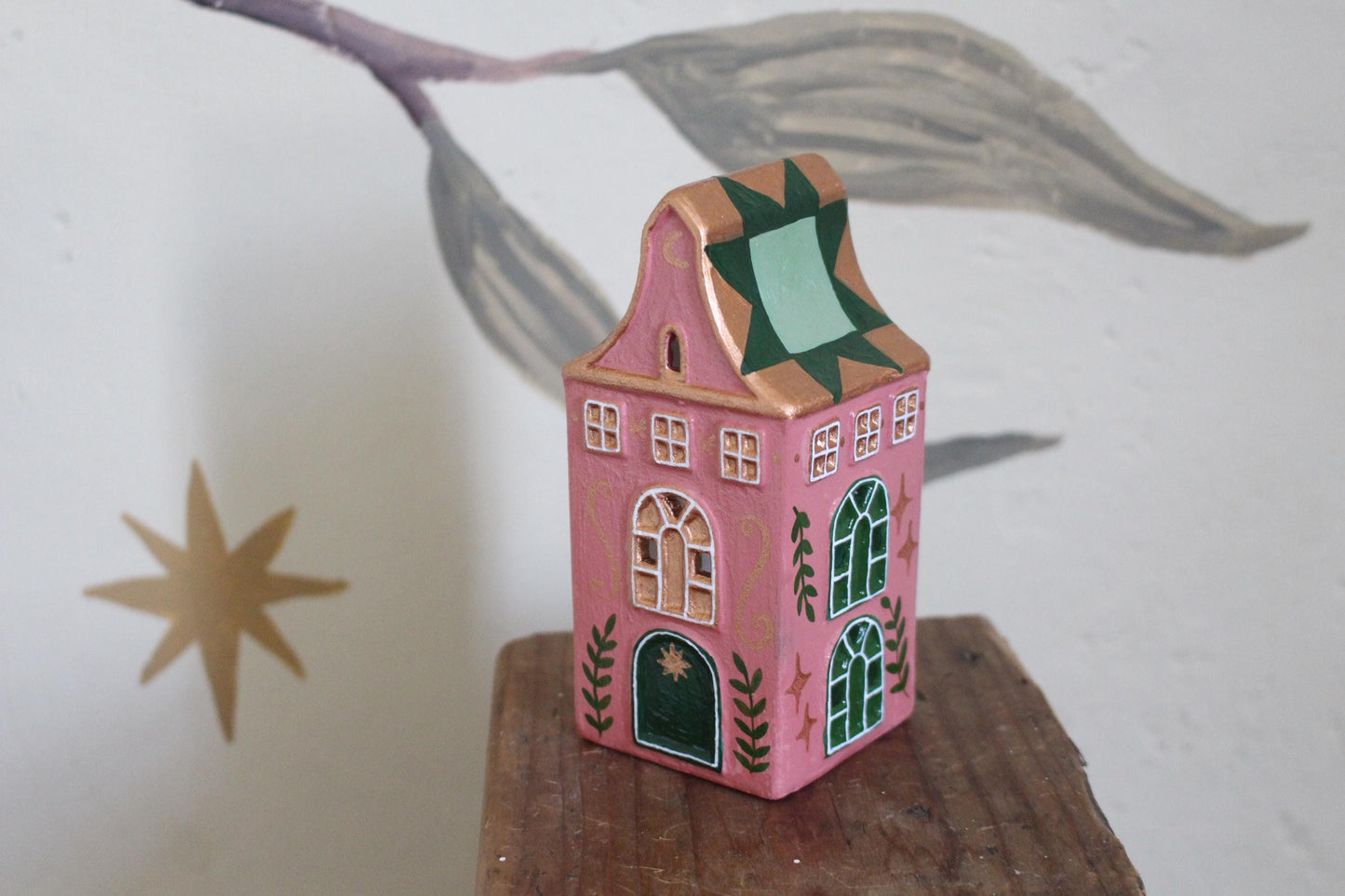 Hand Painted Ceramic Quilt Star House Ornament - Tea light holder, cottagecore, folk art, patchwork - green and pink decor