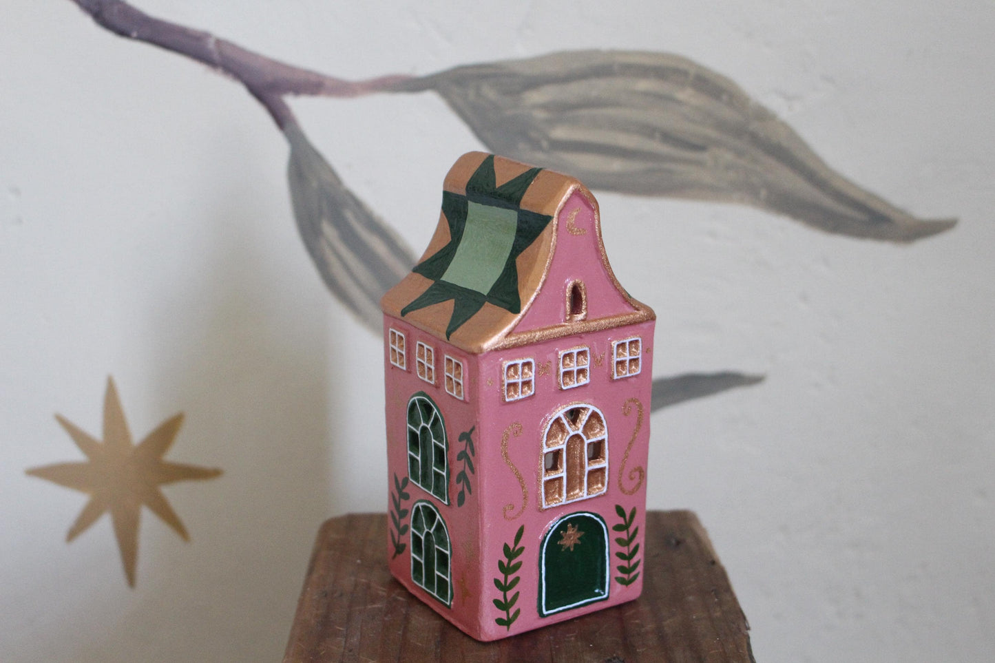 Hand Painted Ceramic Quilt Star House Ornament - Tea light holder, cottagecore, folk art, patchwork - green and pink decor