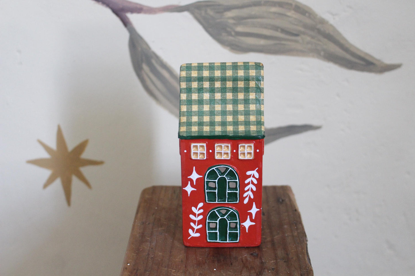 Hand Painted Ceramic Gingham House - Tea light holder, Red and Green, Cute cottagecore, folk art, hygge, Christmas Village