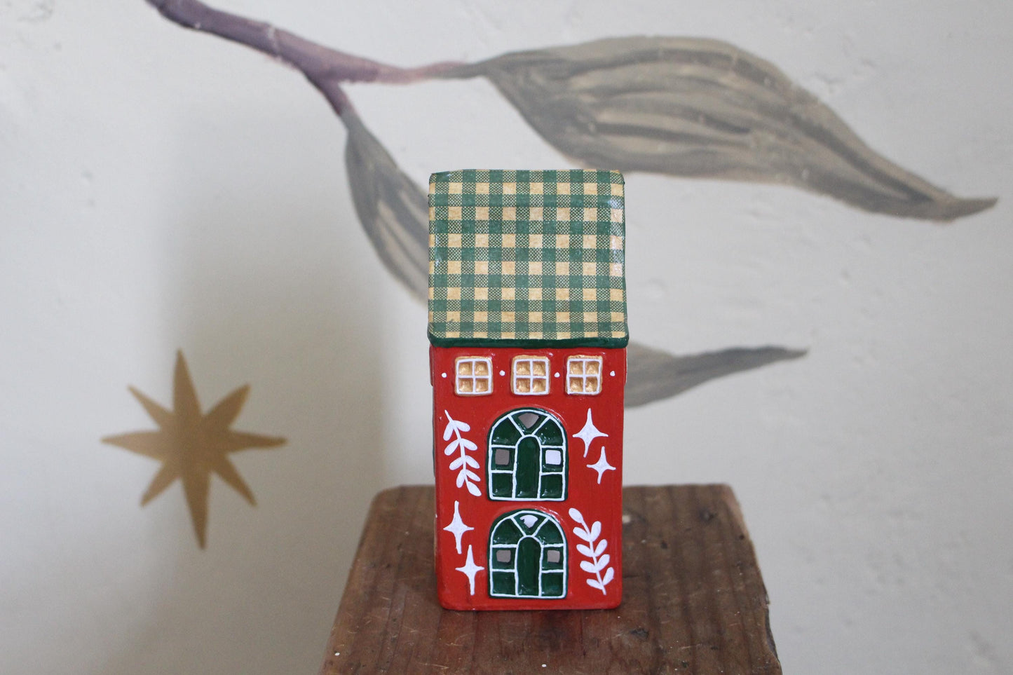 Hand Painted Ceramic Gingham House - Tea light holder, Red and Green, Cute cottagecore, folk art, hygge, Christmas Village