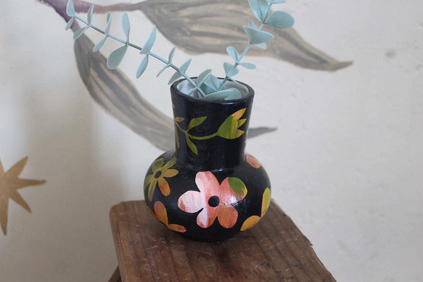 Floral Ceramic Hand Painted Vase - Flowers, Spring Decor, Green, Pink