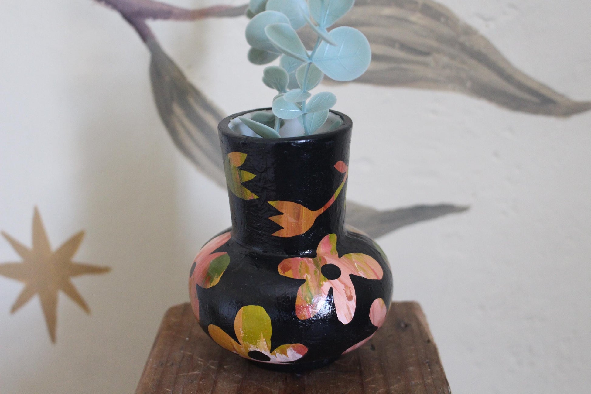 Floral Ceramic Hand Painted Vase - Flowers, Spring Decor, Green, Pink