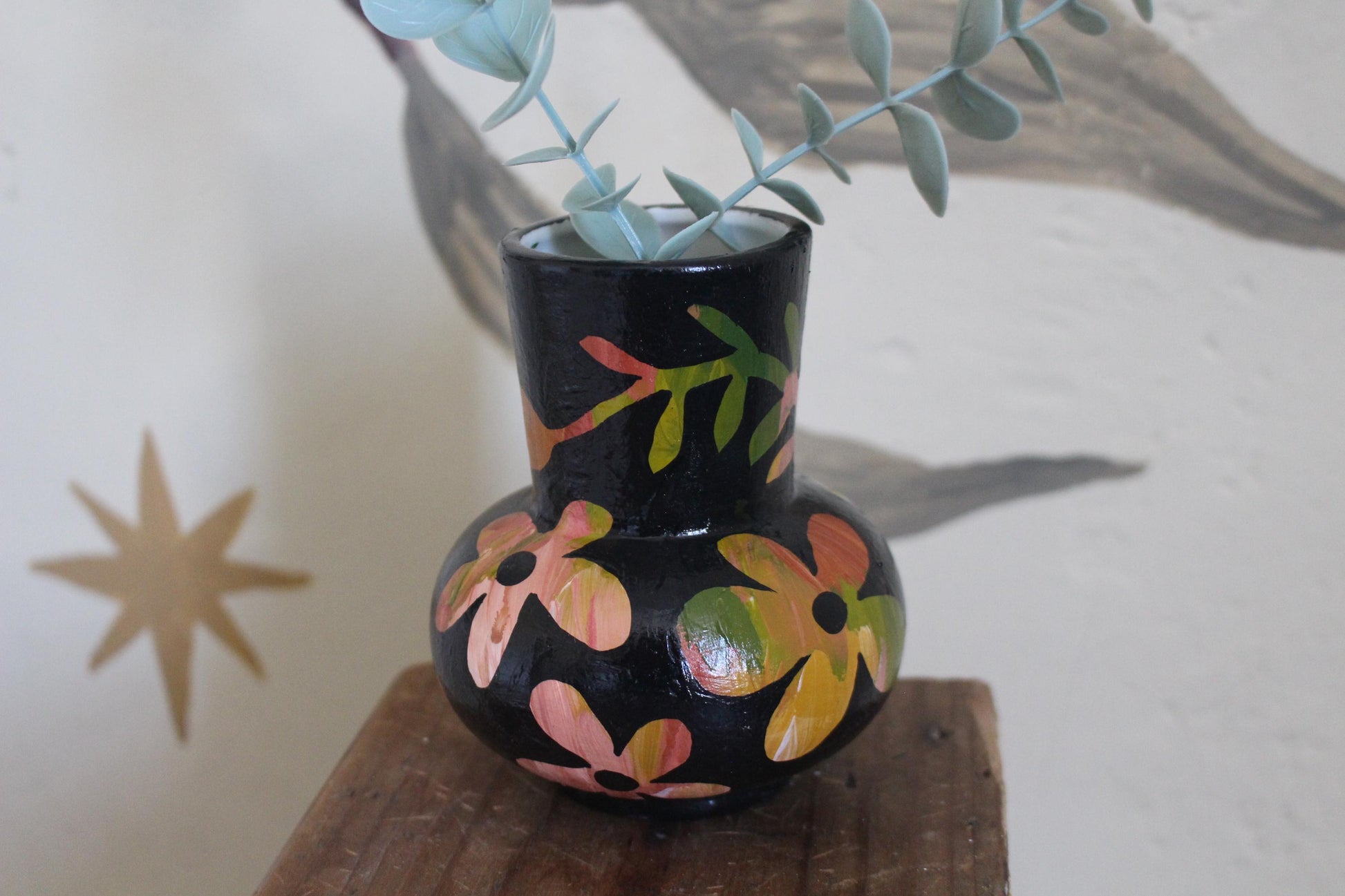 Floral Ceramic Hand Painted Vase - Flowers, Spring Decor, Green, Pink