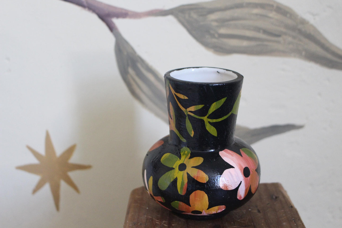 Floral Ceramic Hand Painted Vase - Flowers, Spring Decor, Green, Pink