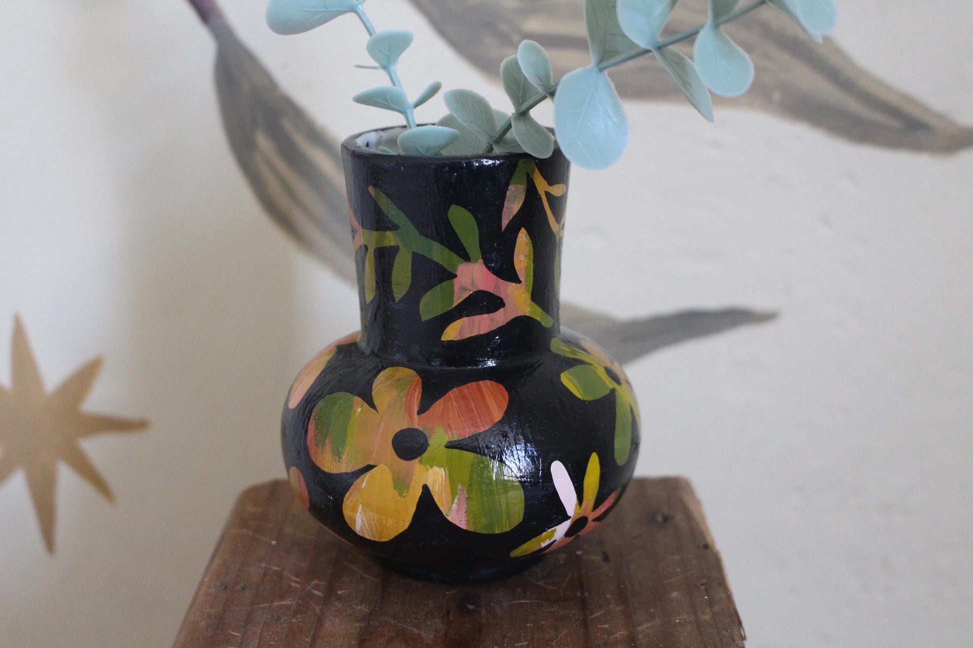 Floral Ceramic Hand Painted Vase - Flowers, Spring Decor, Green, Pink