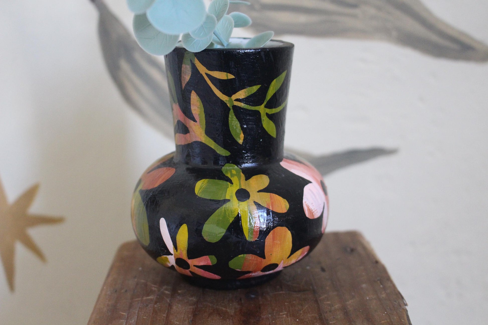 Floral Ceramic Hand Painted Vase - Flowers, Spring Decor, Green, Pink