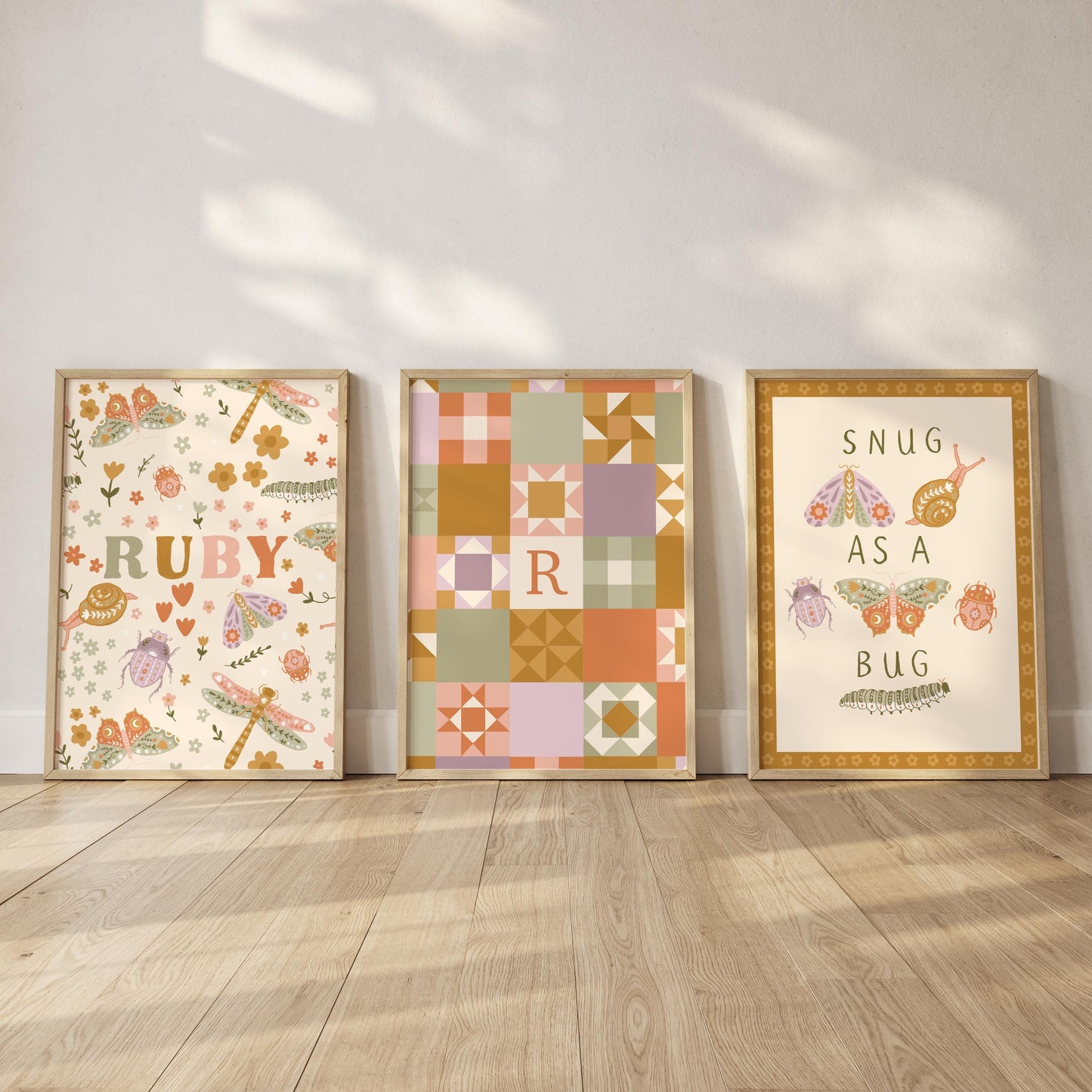 Set of 3 Personalised Floral Bug Art Prints - Nursery, Kids Room, Initial, Name, Playroom Decor, Patchwork Quilt, Folk Art, Girls Room