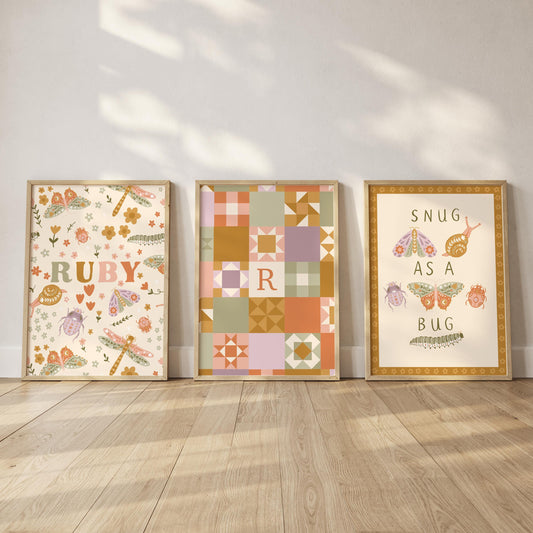 Set of 3 Personalised Floral Bug Art Prints - Nursery, Kids Room, Initial, Name, Playroom Decor, Patchwork Quilt, Folk Art, Girls Room