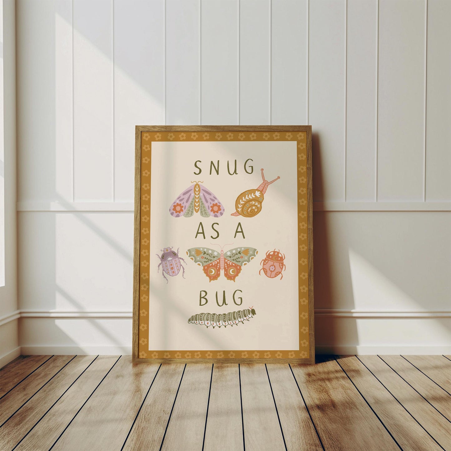 Set of 3 Personalised Floral Bug Art Prints - Nursery, Kids Room, Initial, Name, Playroom Decor, Patchwork Quilt, Folk Art, Girls Room